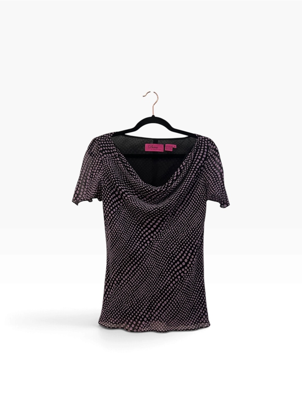 Diva by Dana Buchman Purple Polka Dot 100% Silk Short Sleeve Cowl Blouse / Top S